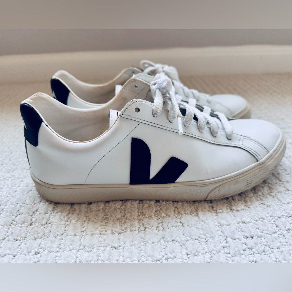 Veja White Leather Sneakers with Black V Accents